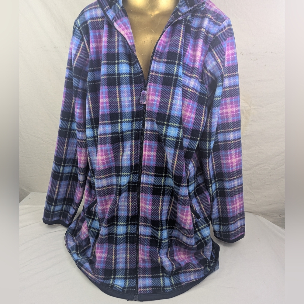 Woman Within Plaid Teddy Jacket Front Zip Purple and Blue Microfleece 2X